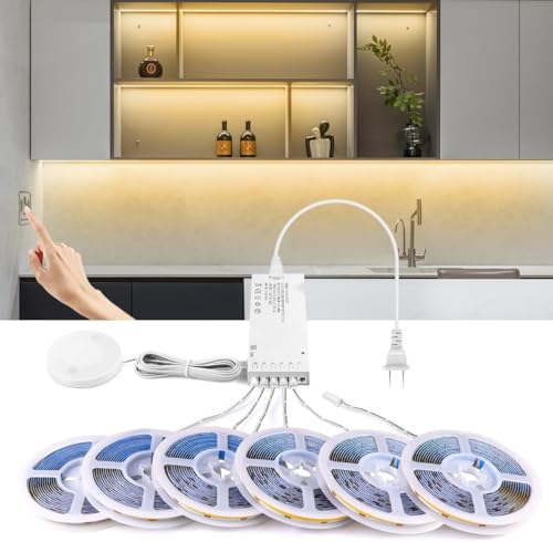 AIMENGTE COB LED Strip 1m, 6 Rolls 12V Warm White Acoustic Panels COB LED Strip Cuttable, with touch and hand sweep dimmer switch, for wine cabinets, shelves, cabinets