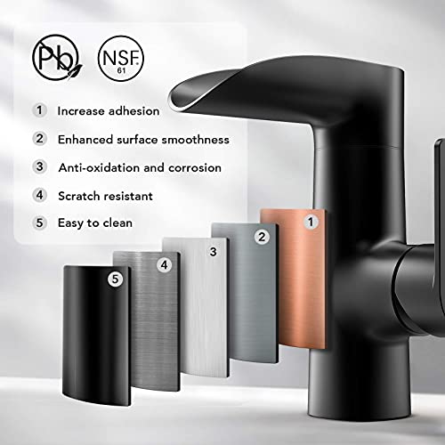 Black Bathroom Faucet - WaterSong Bathroom Sink Faucet, Waterfall Spout Faucet for Bathroom Sink, Matte Black Single Hole Bathroom Faucet, 360° Swivel Spout, RV Modern Bathroom Faucet, 100% Lead-Free