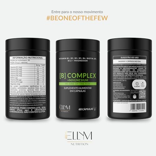 Vitaminas Complexo B e Magnésio 60 Capsulas Ellym Nutrition 2 Meses Biotina Metilfolato Metilcobalamina B1 B2 B3 B4 B5 B6