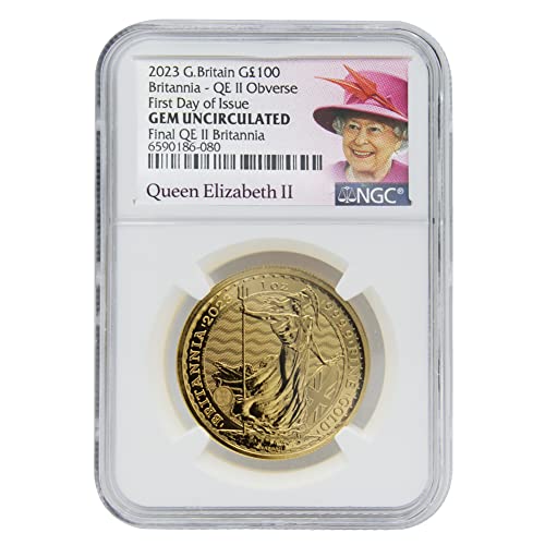 2023 1 oz British Gold Britannia Coin by the Royal Mint Gem Uncirculated (First Day of Issue - Queen Elizabeth II Label) 24K 100£ NGC