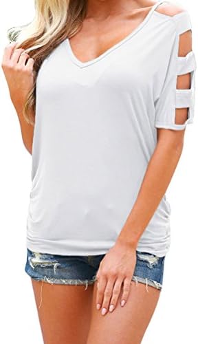 PEGGYNCO Women's White Sexy V Neck Casual Cold Shoulder Ruched Sides T-shirt