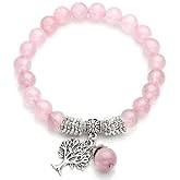Top Plaza Stretch Rose Quartz Life Tree Lucky Stone Bracelet Reiki Healing Crystal Gemstone Dangle Charms Pendant Birthstone Bracelet(6.2
