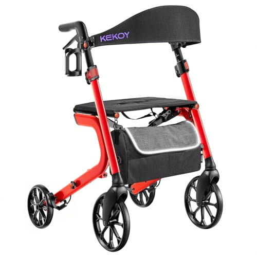 Kekoy K2 Elderly Walker with Aluminum Folding Seat, Height Adjustable, 400 lbs Load, Adult Walkers with 44cm Seat Cushion, Backrest and Storage Bag, Red
