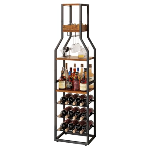 IBUYKE Wine Rack Floor,Bar Industrial Wine Bar,Brown TMJ916H | Wine Rack with Cup Holder Wine Rack for Living Room Kitchen Dining Room