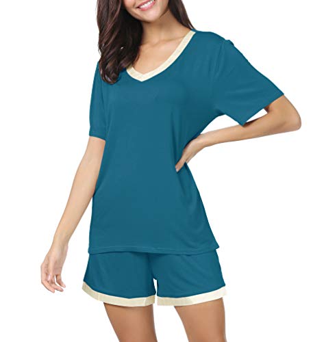 Invug Women Short Sleeve T Shirt and Shorts Pajamas Sleepwear Set Loungewear Peacock Blue L