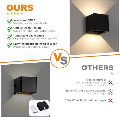 ledmo Pack of 8 12 W LED Wall Light Indoor/Outdoor Black 2700-3000 K Warm White | Up and down adjustable light beam, matte appearance, easy installation, IP65 light against any weather, warm your home