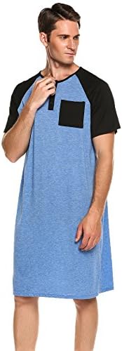 Men's Cotton Summer Henley Short Sleeve Nightgown with Buttons