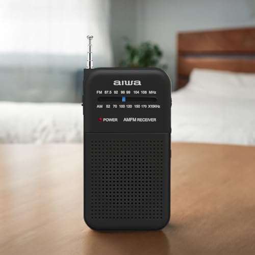 Aiwa Radio Portátil Am/FM de Bolsillo AWFML1, Altavoz 1.5”, Conector Audífonos 3.5 mm, Funciona con 2 AAA, Diseño Compacto Ligero Color Negro, Recepción Clara y Fácil de Usar