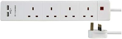 PRO ELEC 15387 4 Way USB Extension Lead 3m White 13A 250V BS1363/5733