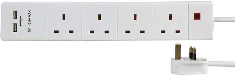 PRO ELEC 15387 4 Way USB Extension Lead 3m White 13A 250V BS1363/5733