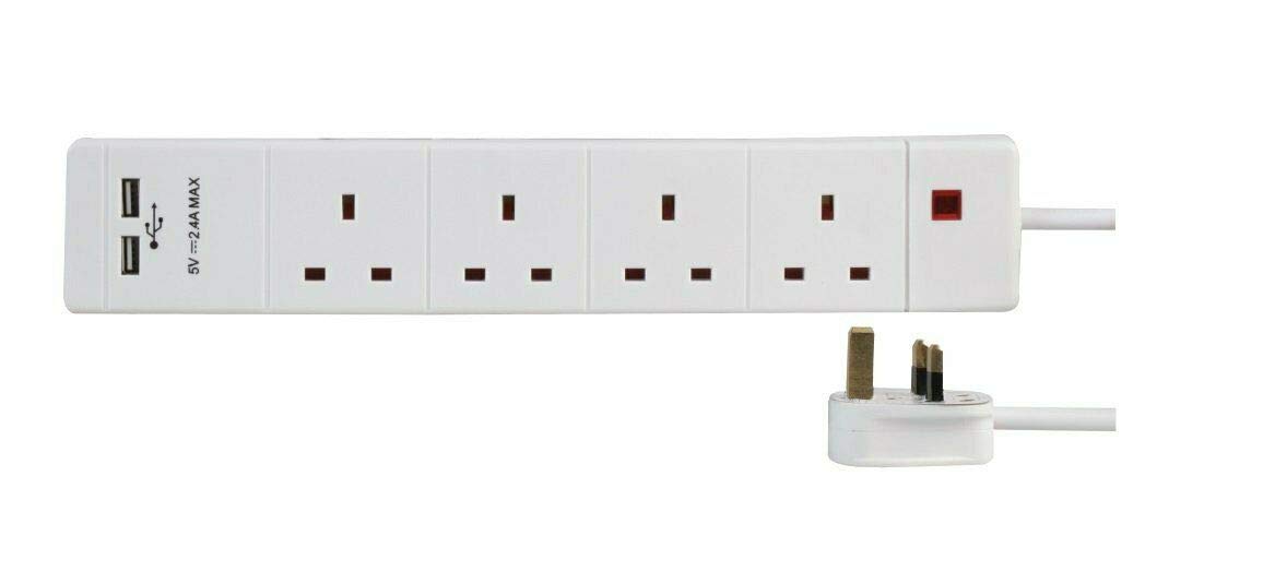 PRO ELEC 15387 4 Way 2 USB Extension Lead, White, 3m — image 1