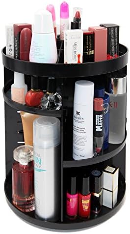 360 Degree Rotating Large Makeup Organizer Adjustable Round Desktop Cosmetics Storage Box Girls - Black