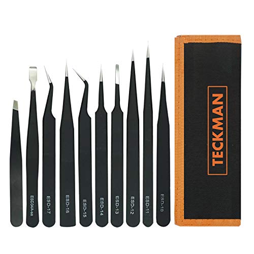 TECKMAN Precision Tweezer Set,10 Pack Best ESD Tweezers Set Stainless