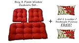 Solid Red Cushions for Wicker Loveseat Settee & 2 Matching Chair Cushions + 2 Free Green and Red Poppy Flower Floral Rectangle / Lumbar Pillows