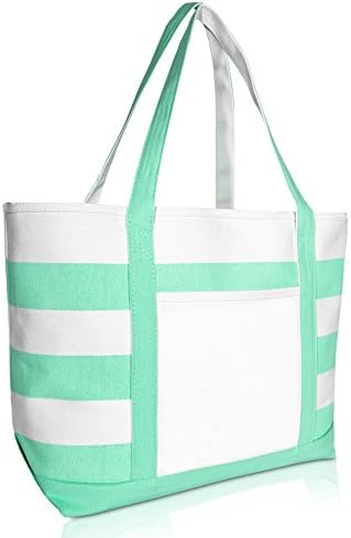 DALIX Striped Boat Bag Premium Cotton Canvas Tote White Mint Green 1 DALIX Striped Boat Bag Premium Cotton Canvas Tote White Mint Green