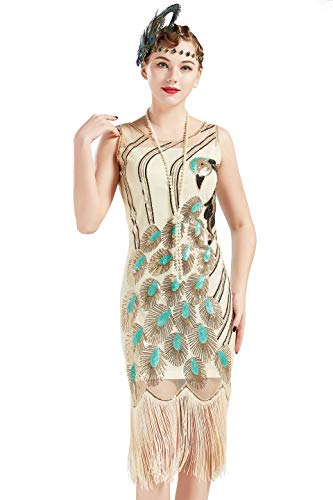 BABEYOND 20's Vintage Peacock Sequin Fringed Party Flapper Dress (Beige, Small)