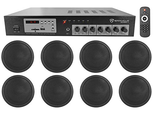 Rockville Commercial 70v Amp+(8) Black 5″ Ceiling Speakers 4 Restaurant/Bar/Cafe