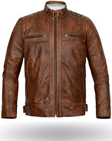 New York Leather Men's Spanish-Brown Bomber Biker Jacket - L Size