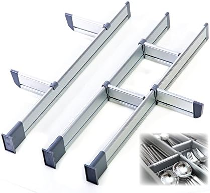 Adjustable Drawer Organizer, Customizable, Elegant Aluminum, for Clutter Free Kitchen, Junk Drawer, Office -2 SETS PACK- (9 Dividers Set - Large | for Drawers 19.7"-22" long) by Practical Comfort