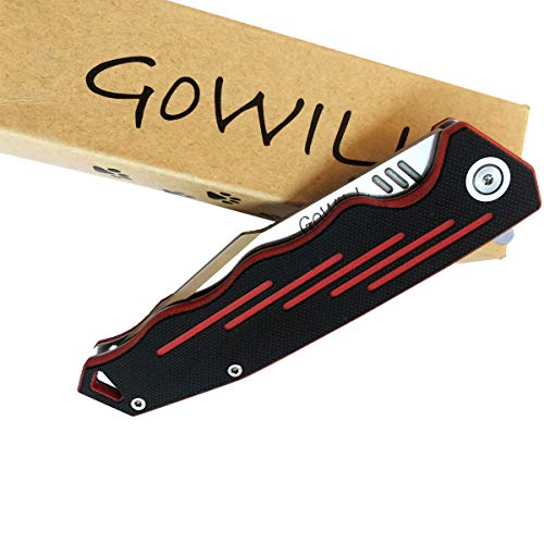 Pocket Knife with Clip for Men Everyday Carry, Folding Fine Edge D2 Blade, G10 Handle Ball Bearing Washer Flip Open EDC Knife for Camping Hunting Hiking Outdoors, Black and Red