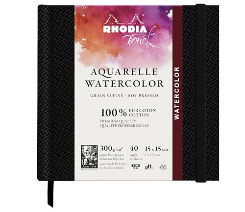 RHODIA TOUCH 116160C - Watercolour notebook 100% cotton - satin finish - 300 gsm - 15x15 cm - 40 non-microperforated pages - Watercolour Book hardcover