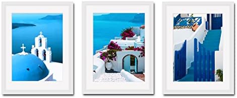 3 Pieces Modern Blue and White Wall Art Greece Santorini Canvas Print Framed Mediterranean Wall Decoration (White Frame)