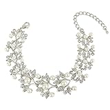 EVER FAITH Austrian Crystal Ivory Color Simulated Pearl Bridal Leaf Link Bracelet Clear