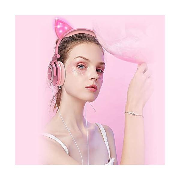 Kids-Cat-Ear-Headphones-for-Girls-Tablet-School-Supplies-Gifts-Light-Up-Wired-Adjustable-Kids-Headphones-Foldable-Over-Ear-Game-Headset-for-Travel-Birthday-ChristmasPeach esonstyle Kids Headphones for Girls, Cat Ear Headphones with Led Light and Volume Limit, Wired Foldable Headphones On…