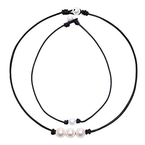 Pearl Necklace Set 2 Pcs,Crytech Minimalist Handmade Single/Three Faux Round Pearl Pendant Choker with Black Leather Cord Stylish Bohemain Pearl Clavicle Chain Necklace for Women Girls (Black)
