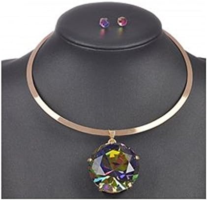 Large Colorfilled Round Crystal Pendant Necklace and Earring Set
