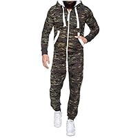 Smallwin Mens Fitness Camouflage Jogging Hooded Jumpsuit Playsuit Tracksuit Set Army Green XL