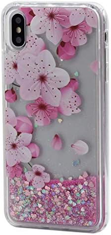 Gloriphy Liquid Flower Sparkle Hearts Floating with Silicon Sides case Cover Pink- for iPhone Xs Max
