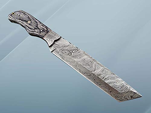14" Long Hand Forged Damascus Steel Tracker Knife, 2 Tone Black Dollar Wood Scale with Damascus Bolster, Bread Knife, Filet Knife, Cow Hide Leather Sheath Included