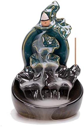 FENBEN Incense Burner, Incense Cones Burner Incense Stick Holder Ceramic Backflow Incense Burner 10 Free Cones Home Decoration Handicraft Gift Backflow Incense Holder (Green Lotus)