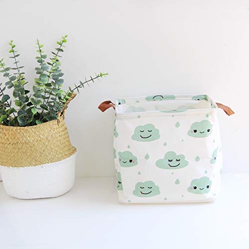 Square Storage Bins Canvas Collapsible Storage Basket with Handles Toy Organizer for Nursery, Kid's Toys, Closet & Laundry, Gift Basket (Green Cloud) - Thumbnail 4