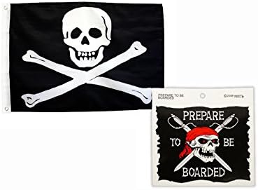 Jolly Roger Pirate Flag with Pirate Sticker Bundle: One 3x5 Ft Flapping Flag and One 4.75x4.75 Inch Vinyl Sticker
