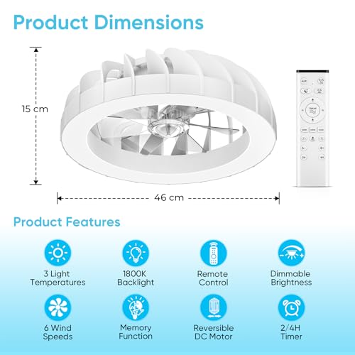 GLOFAN 46 cm Ceiling Fan with Silent Light, 3000K-6500K & 1800K Adjustable Backlight Ceiling Fan Lamp with Remote, 6 Speeds and Timer, Ceiling Fan for Bedroom, Living Room