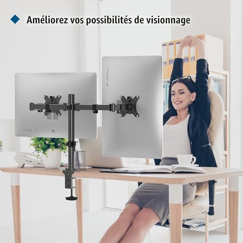 BONTEC 2 Screen PC Monitor Stand for 13-32 Inch Monitors, Height Adjustable PC Monitor Arm, Rotatable and Swivel, Tilt, Maximum Load of 10 kg per arm, 2 Mounting Options, VESA 75/100