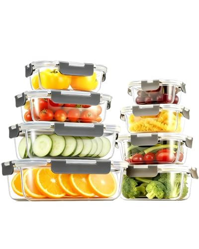 KUMD 16-Piece Borosilicate Glass Food Storage Containers, BPA-Free Airtight Locking Lids, Leak-Proof Meal Prep & Lunch Containers, 400°C Oven/Microwave/Freezer/Dishwasher Safe, Kid-Friendly
