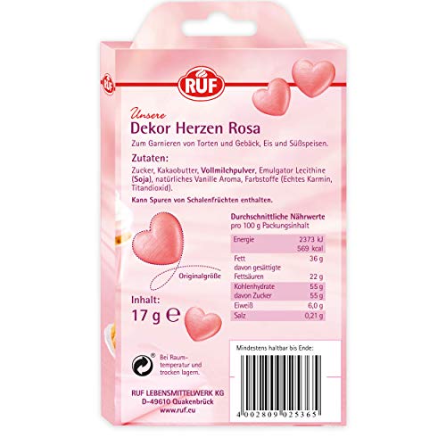 RUF Dekor-Herzen rosa aus weißer Schokolade, essbare Dekoration für Kuchen und Torten, Schoko-Herzen, 15 Stück – Bild 3