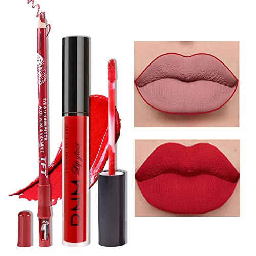 AMY'S DIARY 2pcs Matte Red Lip Liner and Lipstick Makeup Set, Liquid Lipstick 24H and Lip Liner Set Matt Liquid Lips Make Up Waterproof Long Lasting Lipstick Matte Kit with Lip liner kit (04)