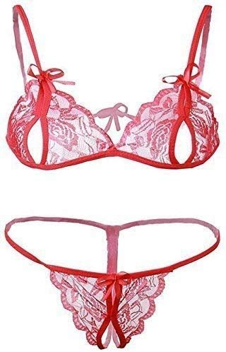 Ezip Honeymoon Sexy Babydoll Lingerie Set Lace Bra with Crotchless Lace G String Panty (Red)