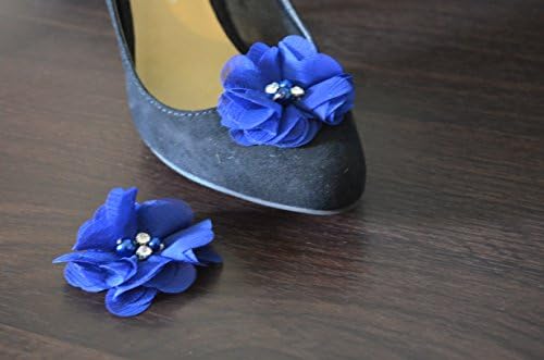Detachable Chiffon and Rhinestone Flower Shoe Clips Royal Blue Set of 2