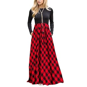 MEROKEETY Women’s Long Sleeve Plaid Empire Waist Full Length Maxi Dress with Pockets