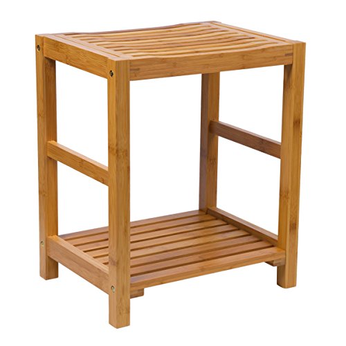 Shower Bench Seat & Bath Spa Shaving Stool with Storage Shelf, Sturdy & Waterproof Bamboo Bathroom Fixtures