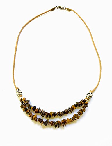Tiger Eye Chip Gemstone Leather Unisex Tan Suede Choker Necklace 20 inches