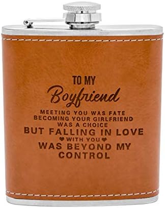 Personalized Engraved Hip Flask -7oz With Funnel- Stainless Steel Flask Sets, The Perfect Flasks For Liquor For Men Gift, Boyfriend Gift (Brown-To Boyfriend)