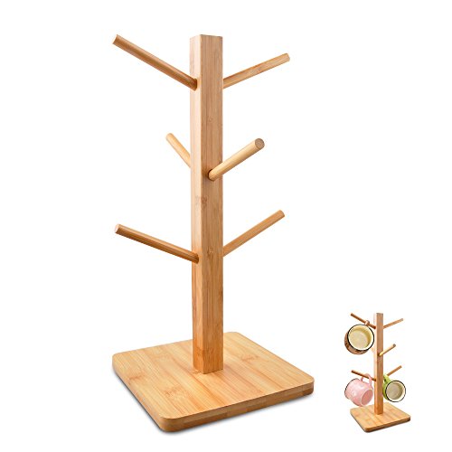 Cuteadoy Mug Rack Tree, Removable Bamboo Mug Stand, Storage Coffee Tea Cup Organizer Hanger Holder with 6 Hooks - Thumbnail 6