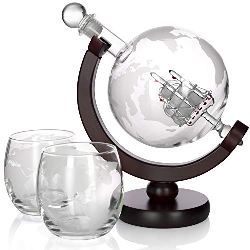 Atterstone Whiskey Decanter Globe Set 2 Etched Globe Whiskey Glasses, 9 Chilling Whisky Stones