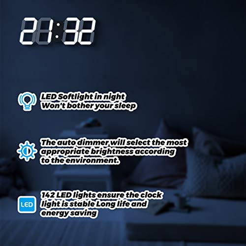 CHKOSDA-3D-Digital-Wall-Clock-6-LED-Numbers-Countdown-Clock-Remote-Control-Ultra-Thin-Design-Large-Calendar-Auto-Dimmer-8-Level-Adjustable-Brightness-Office-ClockBlack-Shell-White